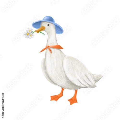 cute goose with chamomiles, hand drawn clipart, children's illustration with cartoon character, card design