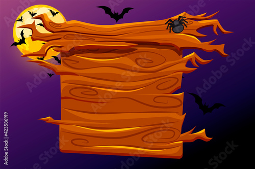 Game wooden banner, scary Halloween holiday background.
