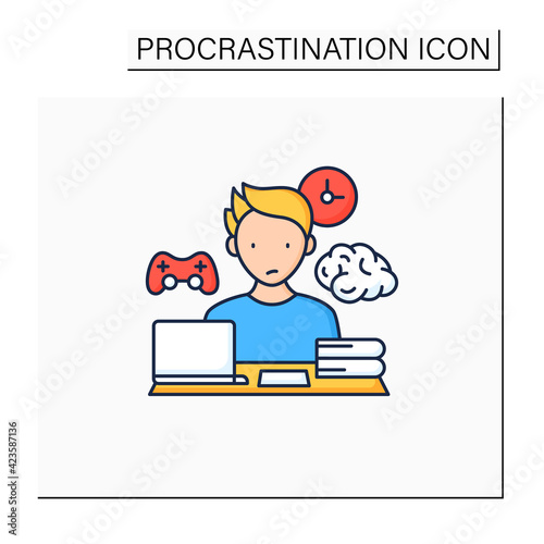Brain procrastination color icon.Tired person. Need breaks.Too many tasks. Overload concept. Isolated vector illustration