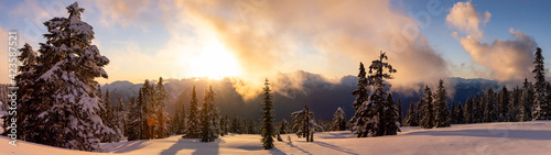 Panoramic View of Canadian Nature Landscape on top of snow covered mountain and green trees during spring sunset. Taken at Elfin Lake in Squamish, North of Vancouver, British Columbia, Canada.