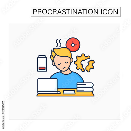 Fatigue color icon.Tired person. Too many tasks. Work overload. Need rest. Procrastination concept. Isolated vector illustration