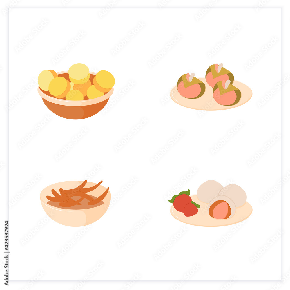 Japanese food flat icons. Spring delicates. Ichigo daifuku, ikanago, sakura mochi, ume. Tradition meal. Vector illustrations Japanese food flat icons. Spring delicates. Ichigo daifuku, ikanago, sakura mochi, ume. Tradition meal. Vector illustrations