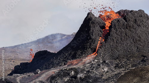 A small volcanic eruption in Mt Fagradalsfjall, Southwest Iceland, in March 2021. The eruption occurred on the Reykjanes peninsula, only about 30 km away from Reykjavík.