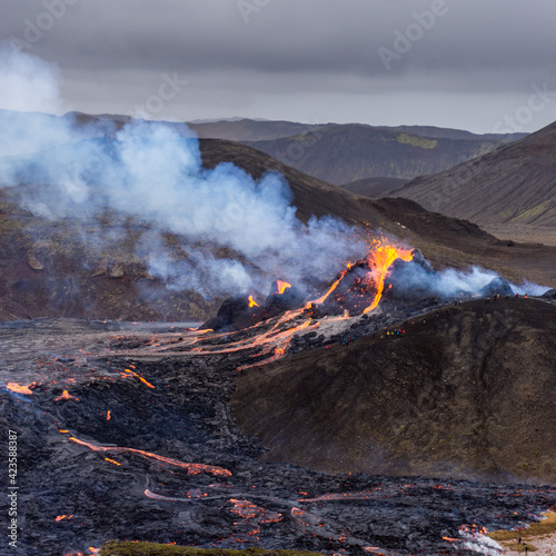 A small volcanic eruption in Mt Fagradalsfjall, Southwest Iceland, in March 2021. The eruption occurred on the Reykjanes peninsula, only about 30 km away from Reykjavík.