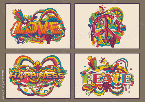 Love, Peace and Happiness Vector Illustrations, 1960s Hippie Style Psychedelic Art Posters 