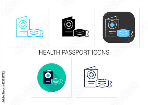 Health passport and mask icons set. Protection against coronavirus. Mandatory travel attributes.Collection of icon in liner, glyph, chalk, gradient, flat styles.Isolated vector illustrations