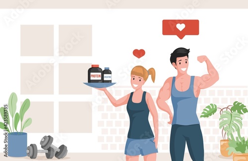 Happy athletes showing muscles and holding plate with protein and creatine vector flat cartoon illustration. Healthy woman and man in sports clothes. Sportive nutrition, active lifestyle concept.