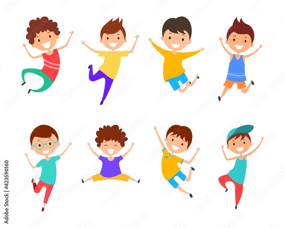 Collection cartoon jumping boys. Joyful children set isolated on white background. Happy boys Collection cartoon jumping boys. Joyful children set isolated on white background. Happy boys