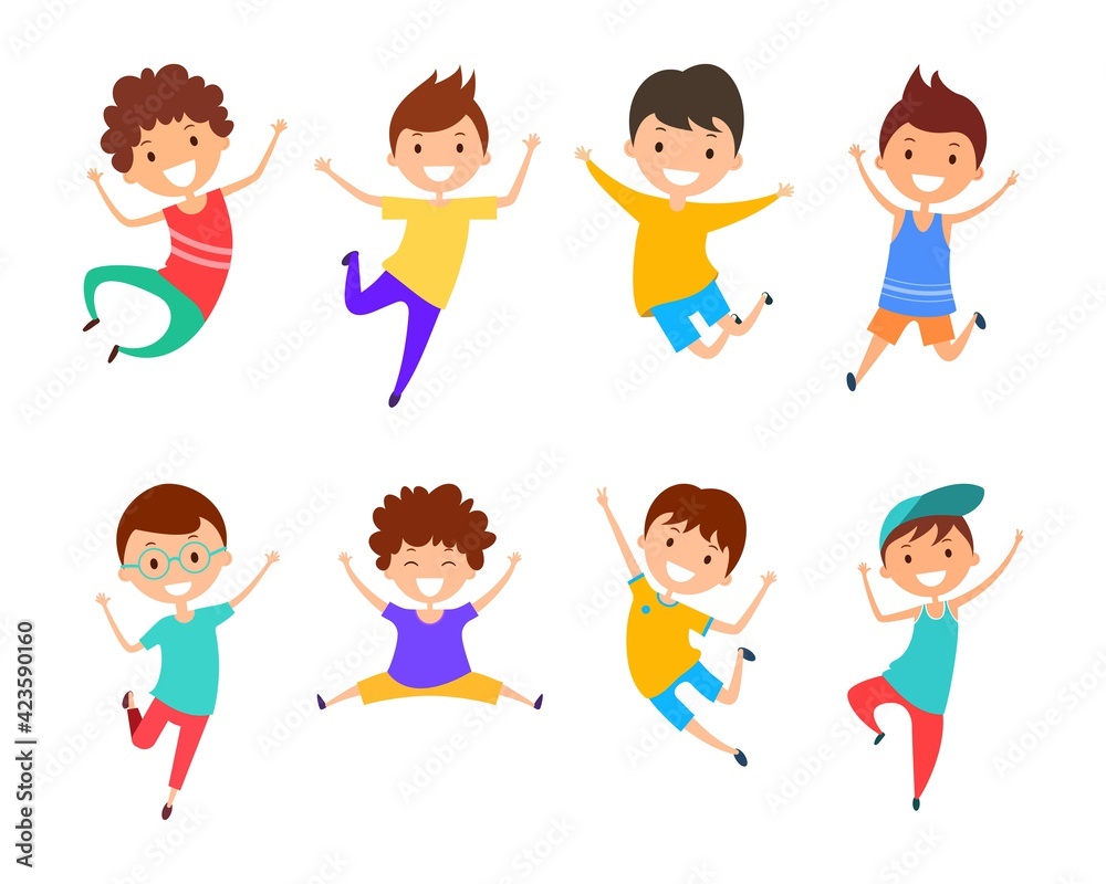 Collection cartoon jumping boys. Joyful children set isolated on white background. Happy boys