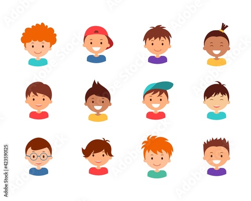 Collection boys faces. Smiling children avatar set. Joyful teenage character collection