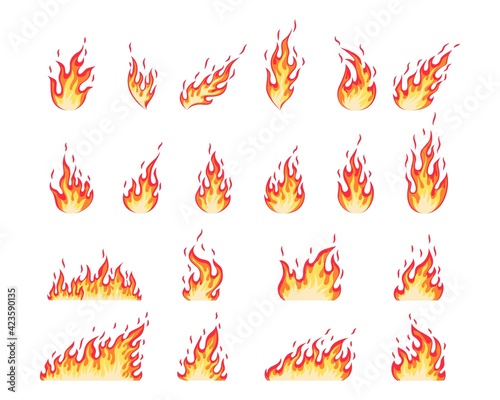 Collection cartoon flame flat style. Fire vector set.