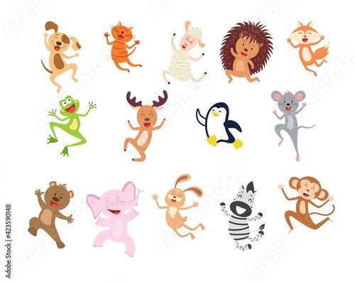 Collection cartoon joyful jumping animal  isolated on white. Smiling funny characters hopping. Happy animals set.