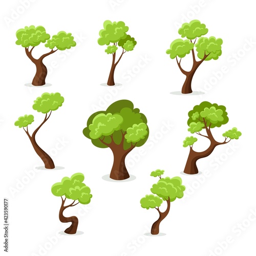Collection cartoon green tree isolated on white background. Enviroment elements set
