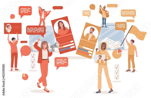 Young women and men holding placards with political candidates and call to vote vector flat illustration. People at political demonstration. Pre election campaign, presidential elections concept.