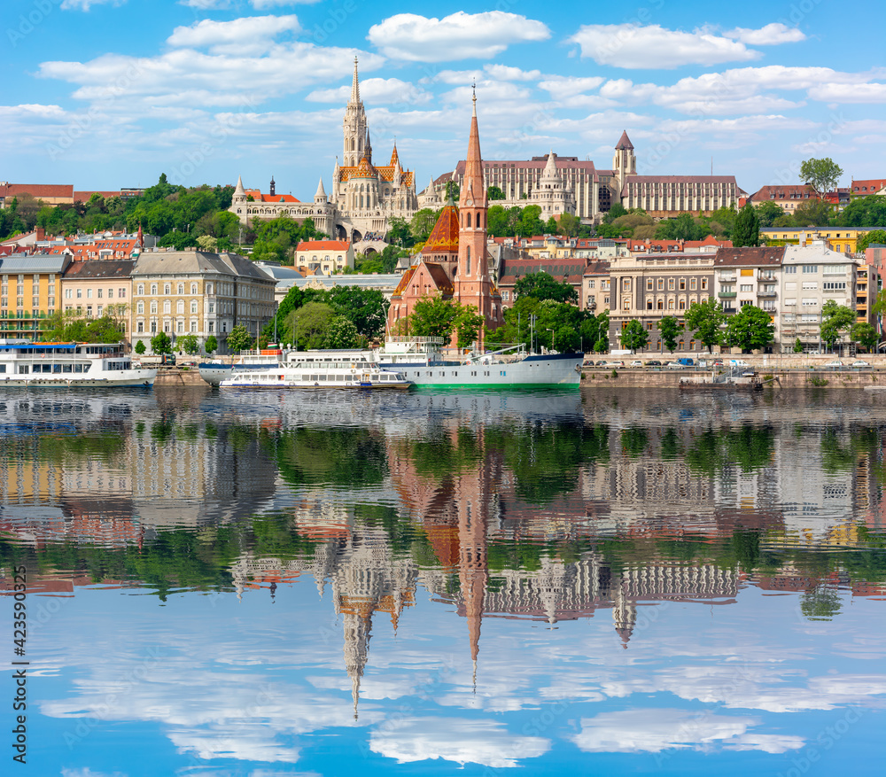 Fisherman Bastion reflected in Danube river, Budapest, Hungary