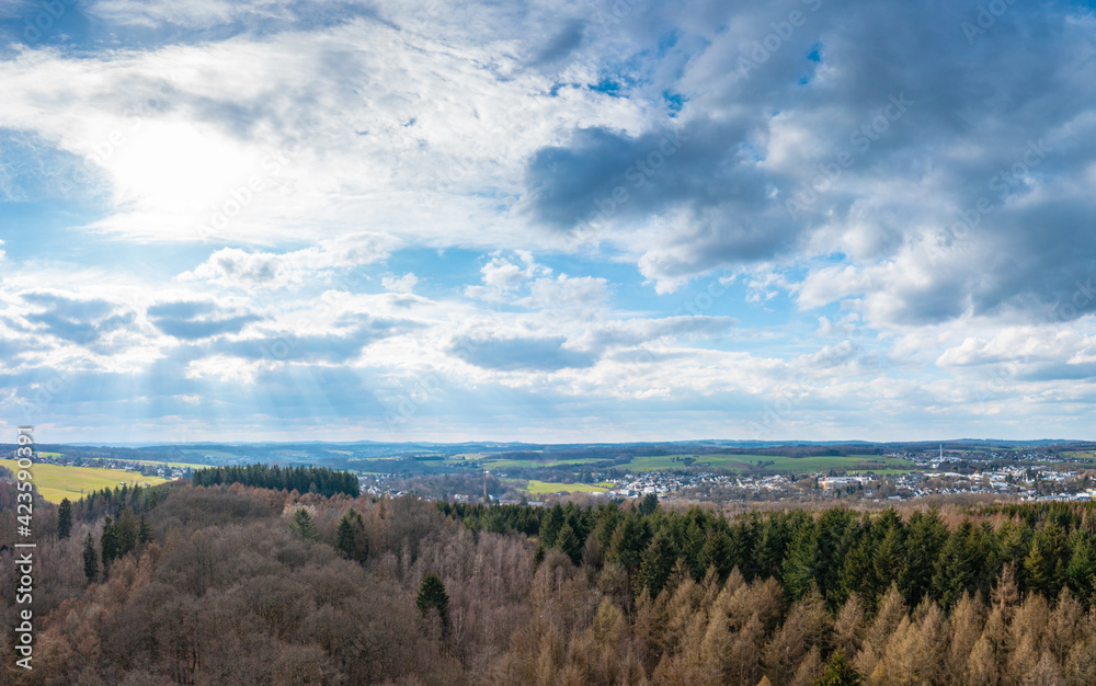Aerial view over forests and meadows of Westerwald, Altenkirchen, Germany