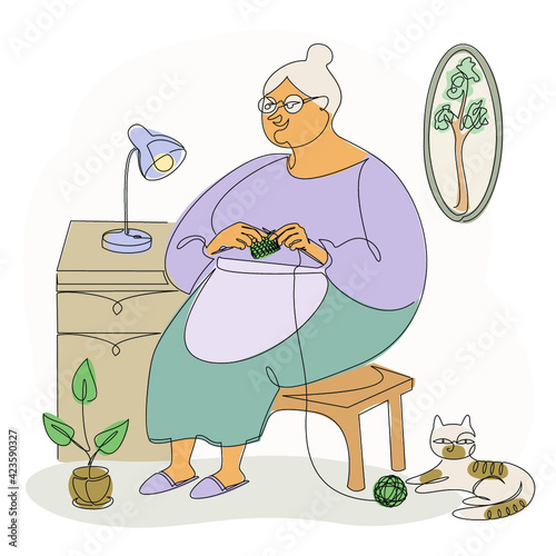 The woman knits with knitting needles and threads. A lady is sitting in a room with a cat. Modern trendy one line style. Solid outline for decor, posters, stickers, logo. Vector illustration.