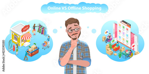 Vector Conceptual Illustration of Online vs Ofline Shopping, Pros and Cons.