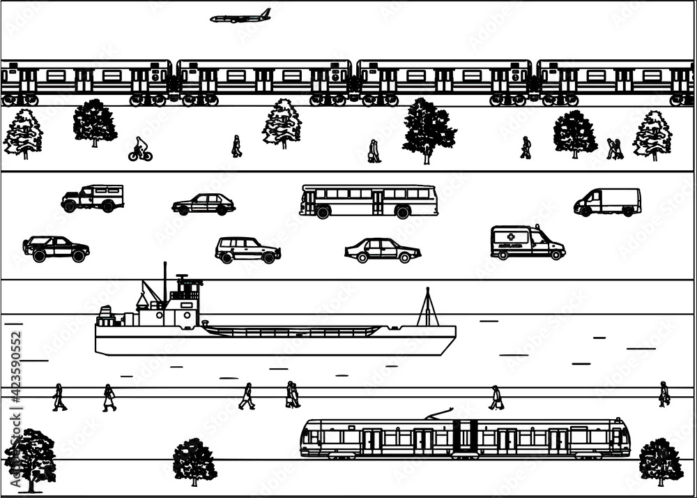 City transportation: bus, ship, cars.