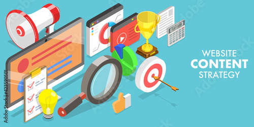 3D Isometric Flat Vector Conceptual Illustration of Website Content Strategy.
