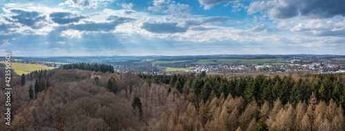 Aerial view over forests and meadows of Westerwald, Altenkirchen, Germany photo