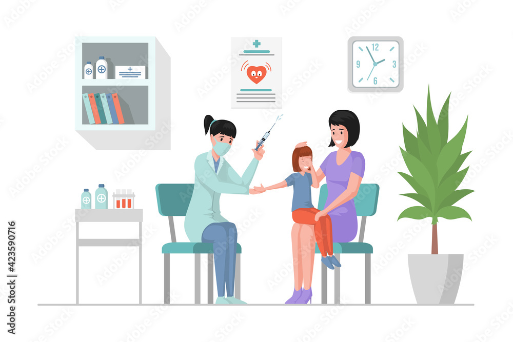 Mother and daughter in hospital vector flat cartoon illustration. Doctor or pediatrician make injection to little girl. Immunity health. Vaccination of children against different diseases concept.