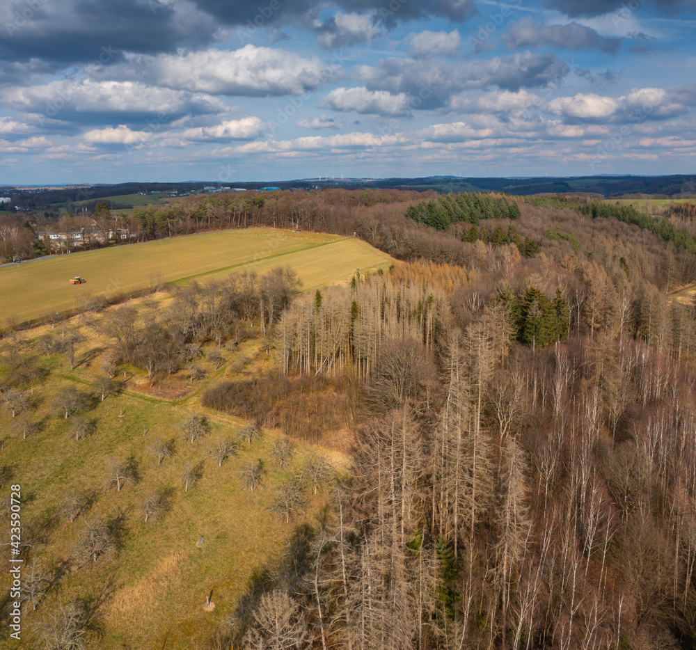 Fototapeta premium Aerial view over forests and meadows of Westerwald, Altenkirchen, Germany