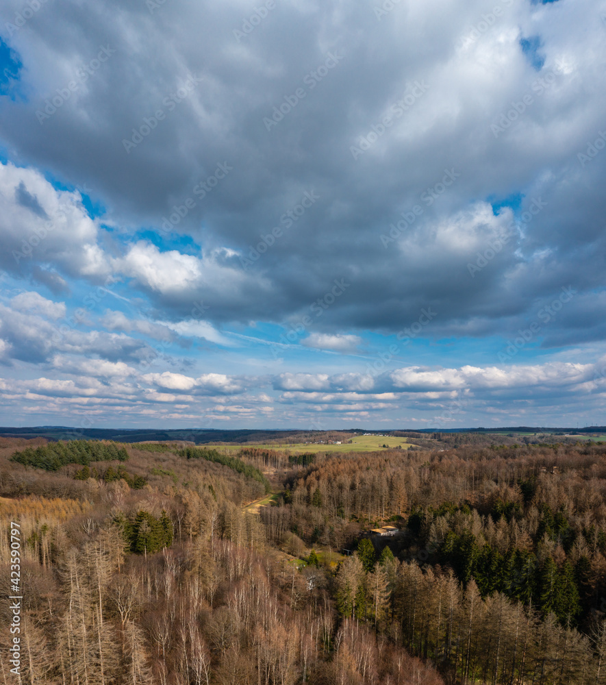 Fototapeta premium Aerial view over forests and meadows of Westerwald, Altenkirchen, Germany
