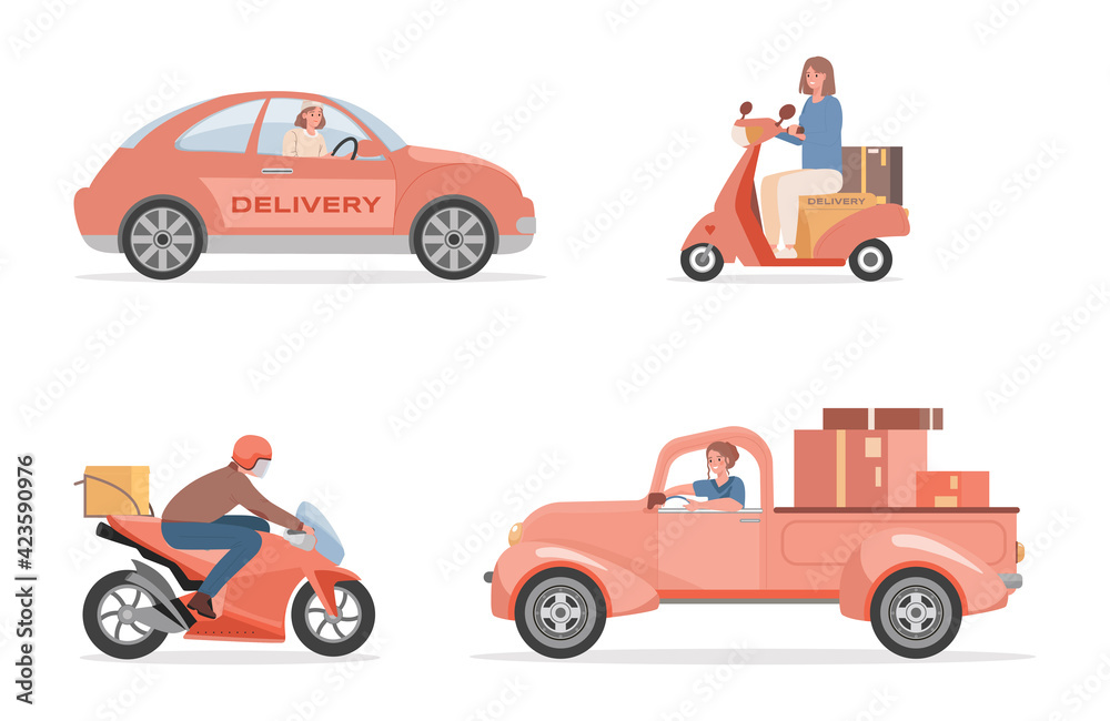 Naklejka premium People driving different machines vector flat illustration isolated on white background. Happy smiling women and man drive car, truck or lorry, scooter, and motorcycle. Transportation concept.