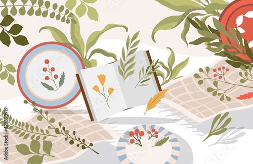 Dried flowers and herbs vector flat illustration. Twigs and leaves for making bouquets and natural decorations. Dried plants in book or album, on plates. Handmade herbarium hobby concept.