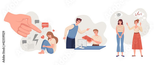 Emotional abuse vector flat illustration. Depressive woman sitting and crying against pointing hand, man yelling on colleague, aggressive woman scolds friend. Harrassment, abuse, or bullying concept.