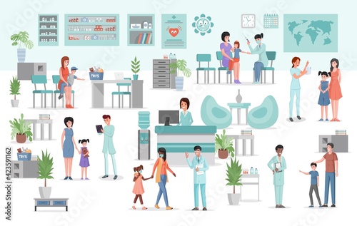 Medical clinic interior with furniture and equipment vector flat illustration. Doctors and nurses consulting patients, making vaccination. Mothers, fathers with kids in hospital. Healthcare concept.