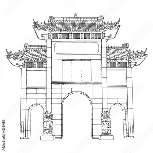 Chinese Archway gates. Travel poster and tourism concept. Gate Arch entrance. Asia or China traditional architecture style. Vector.
