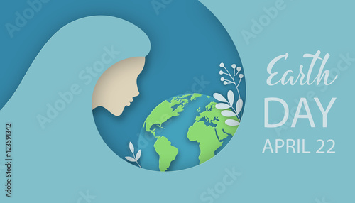 Earth day illustration of woman silhouette with planet Earth, flowers and herbs. Ecology, World Environment day, Mother nature care concept. Vector illustration in 3d paper cut and art style