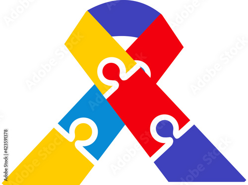 Colourful puzzle icon and ribbon in the colours symbolic of autism
