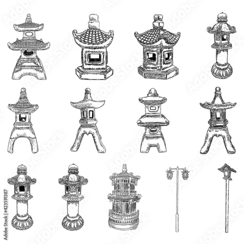 Set of Japanese and Chinese street lamps. Traditional Asian pole lanterns. Garden stone lamps. Ancient Buddhist Toro light decoration replicating pagoda. For garden ornaments in Japan. Vector.