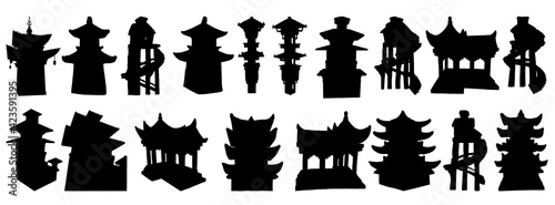 Set of Japanese pagodas, Chinese temple or Buddhist monastery and Tree house on stilts for living in jungles. China religious architecture. Watch towers set, Eastern Han Dynasty. Vector.