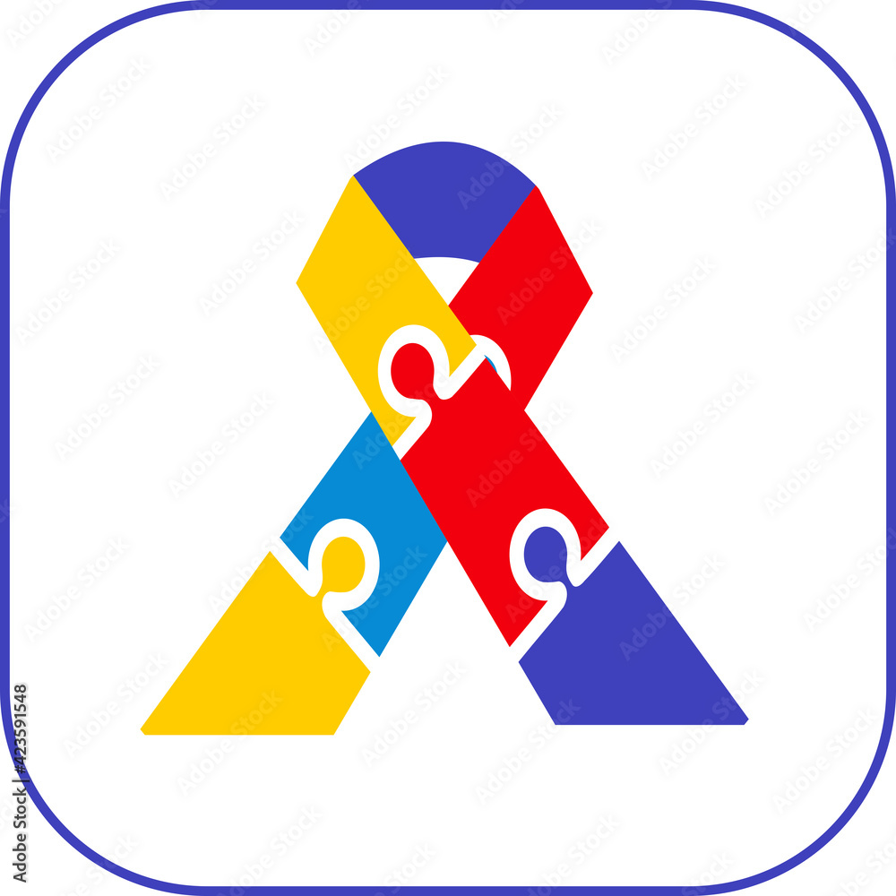 Colourful puzzle icon and ribbon in the colours symbolic of autism Colourful puzzle icon and ribbon in the colours symbolic of autism