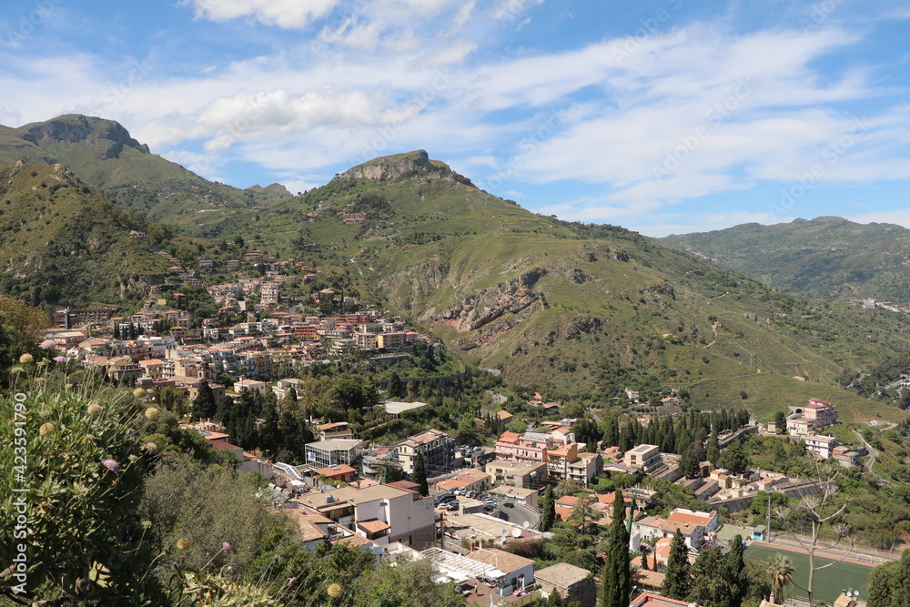 View from Teatro antico di Taormina at Sicily, Italy