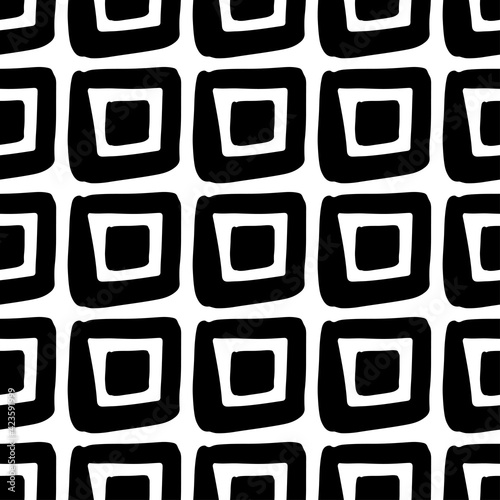Black ink squares isolated on white background. Monochrome geometric tiled seamless pattern. Vector simple flat graphic hand drawn illustration. Texture.