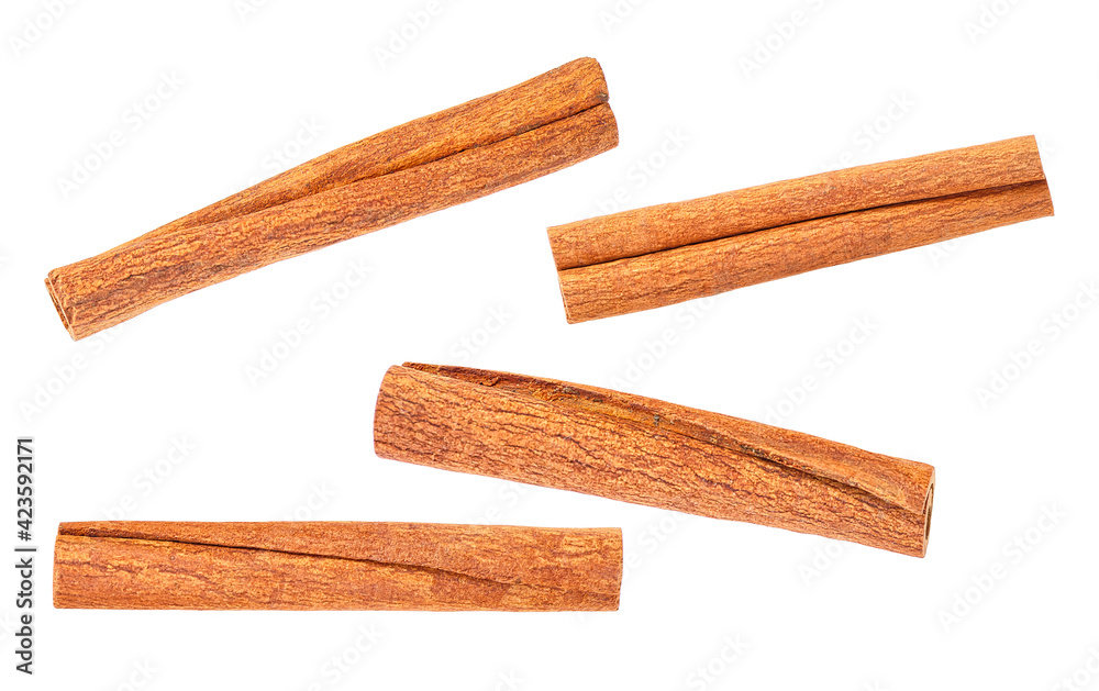 Cassia bark. Cinnamon sticks isolated on a white background, top view.
