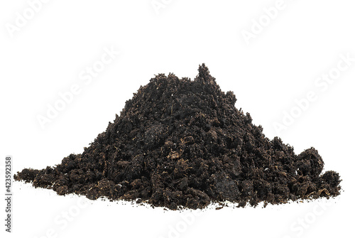 Pile of soil isolated on a white background. Heap of ground, close up.