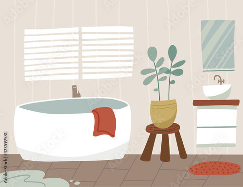 Scandinavian bathroom interior besign with bathtub, washbasin, mirror, towels. Uncleaned room with scattered towels and a puddle. Flat vector illustration