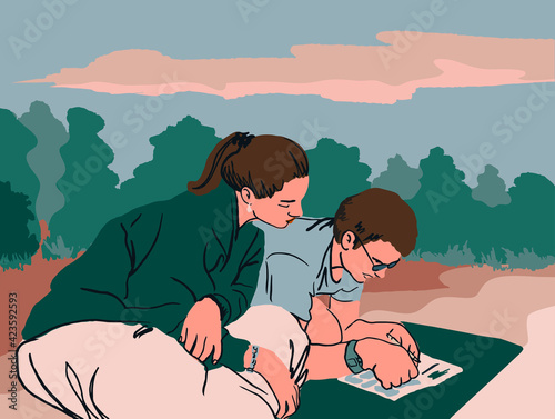 Young family planning their trip. Man and woman sitting on a beach and look on a map. Cartoon vector illustration. Self Tourism concept