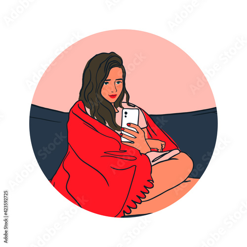 Young woman sitting in cozy couch, under warm blanket, checks smartphone and smiling. Attractive girl holds phone. Social media addiction and communication concept. Vector illustration in flat style