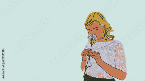Young woman sniff flower. Cute girl wears vintage Lace top, retro hairstyle and holds a clove. Hand drawn vector illustration in flat style and retro colors palette