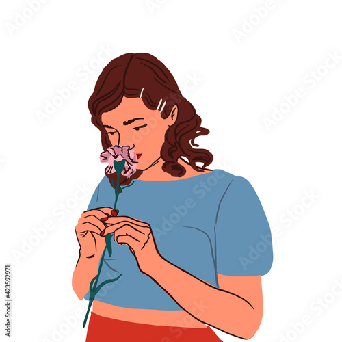 Young woman sniff flower. Cute girl wears vintage tank top, retro hairstyle and holds a clove. Hand drawn vector illustration in flat style and retro colors palette