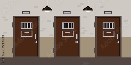 Prison corridor with cell doors. Jail interior.
