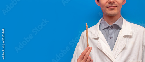 A young man holds a miswak (siwak) in a white coat. arak tree, Salvadora persica, sunnah. Blue background. Banner. photo