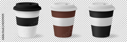 Business paper cup for hot coffee mockup with black lid isolated on white background. White blank, large, medium and small Takeaway paper.